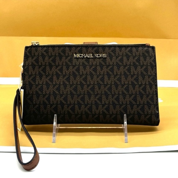 Michael Kors Double Zip Wallet Wristlet Brown Signature - Picture 1 of 8